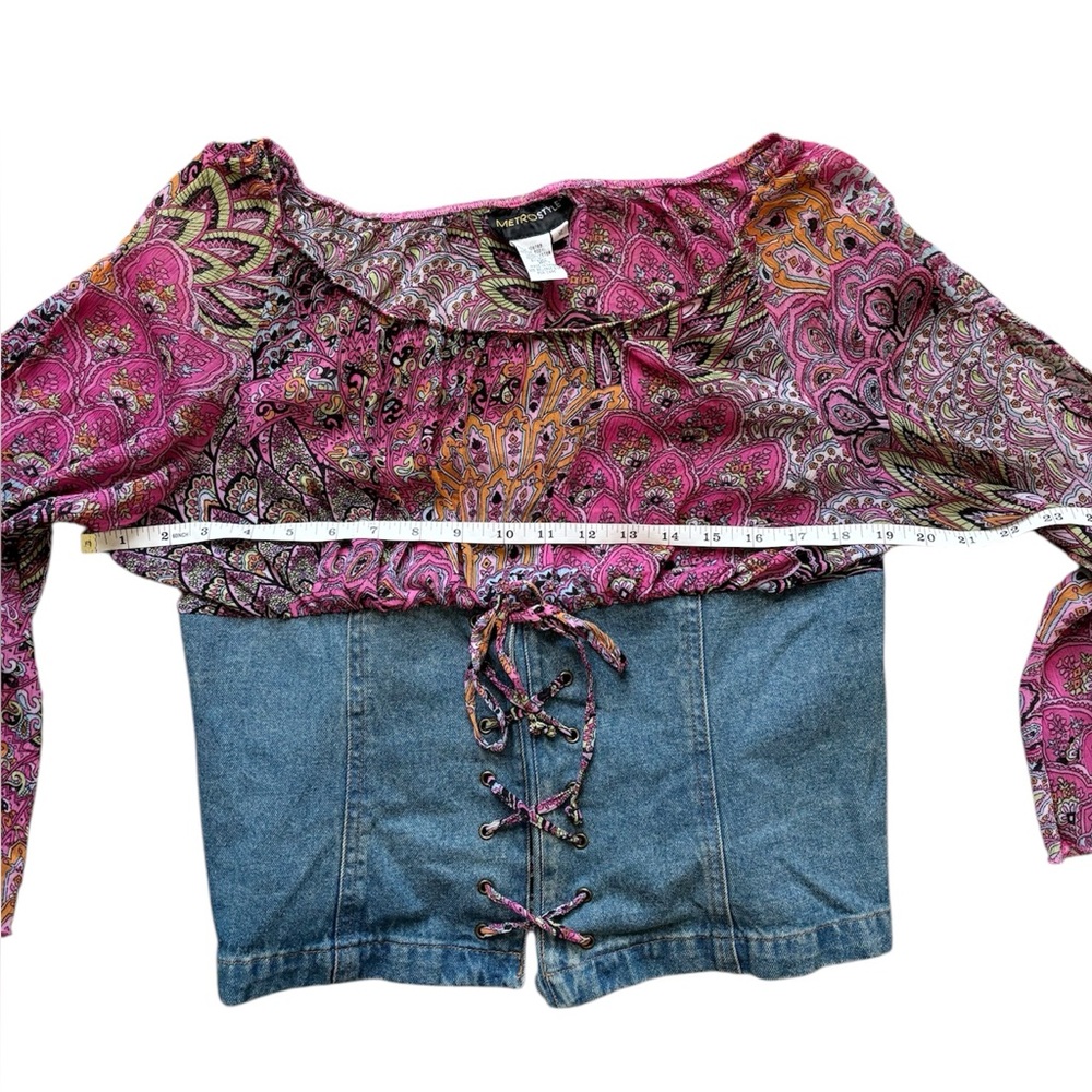Vintage Y2K Bell Sleeve Crop Top Boho Paisley Denim Corset L - Picture 3 of 6